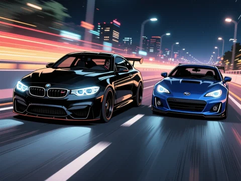 BMW M4 and Subaru Racing on City Night Highway