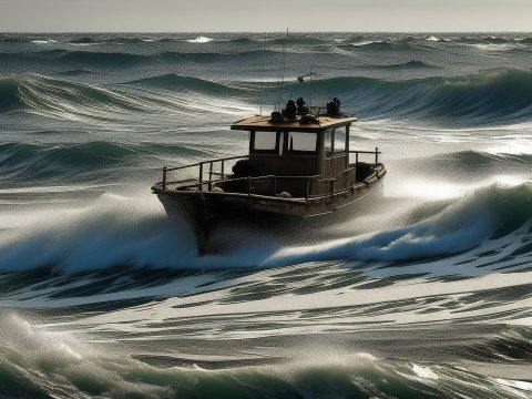 Boat Navigating Rough Ocean Waves at Sunset