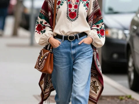 Boho Chic Woman Walking in City Street