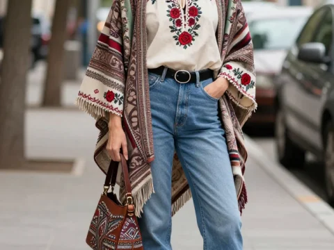 Boho Chic Woman Wearing Embroidered Top and Patterned Shawl