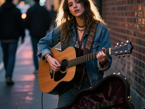 Boho Street Musician Playing Guitar at Dusk