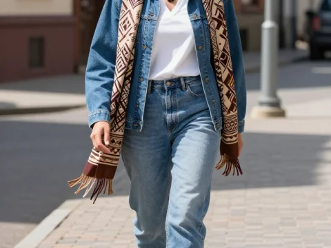 Boho Woman Walking on Cobblestone Street