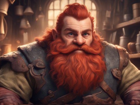 Bold Red-Bearded Dwarf in Rustic Workshop
