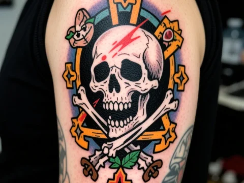 Bold Skull and Crossbones Tattoo with Decorative Elements