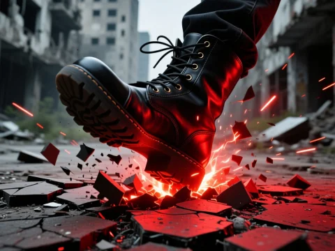 Boot Smashing Ground with Fiery Impact in Urban Ruins