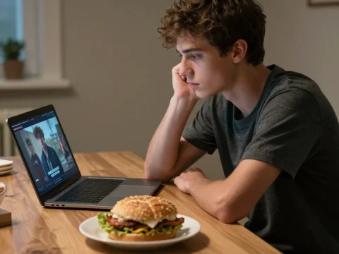 Bored Young Man Watching Laptop with Burger on Table