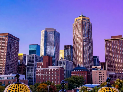 Boston Cityscape with Kusama-Inspired Yellow Polka Dot Sculptures