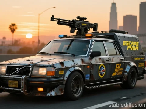 Boxy Retro Weaponized Courier Car at Sunset