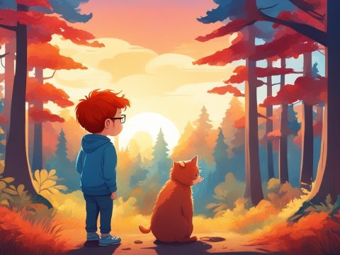 Boy and Cat Watching Sunset in Autumn Forest