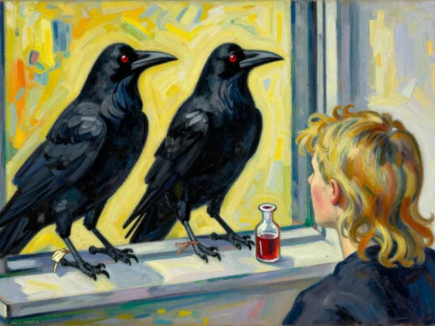 Boy Observing Ravens with Elixir on Window Sill