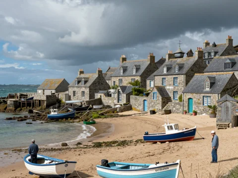 Breton Coastal Village with Stone Houses and Boats