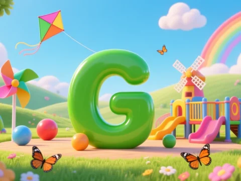 Bright 3D Cartoon Playground with Giant Green Letter G