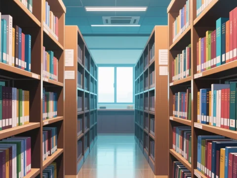 Bright and Organized Library Aisle in Anime Style
