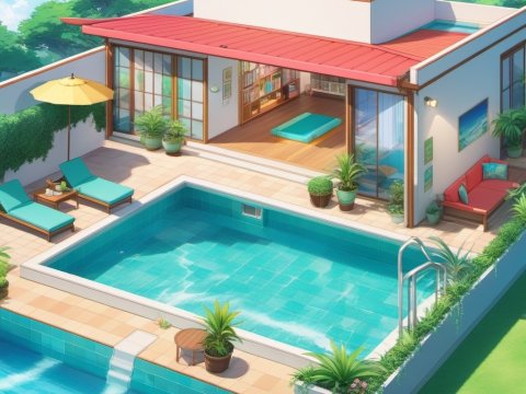 Bright Anime Style Modern Poolside House
