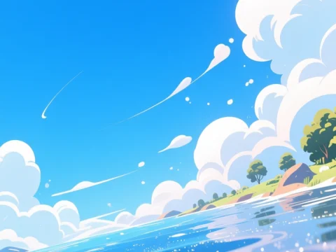 Bright Blue Sky Over Sparkling Water and Lush Shoreline