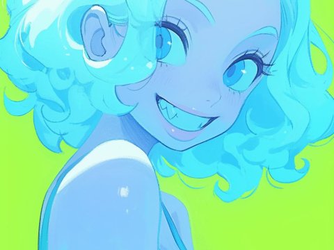 Bright Cartoon Portrait of a Smiling Girl with Blue Hair