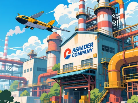 Bright Industrial Factory with Flying Aircraft