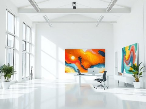Bright Modern Office with Abstract Art and Large Windows
