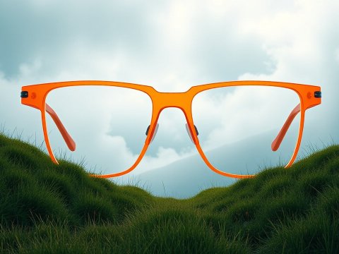 Bright Orange Glasses Framed by Lush Green Hills