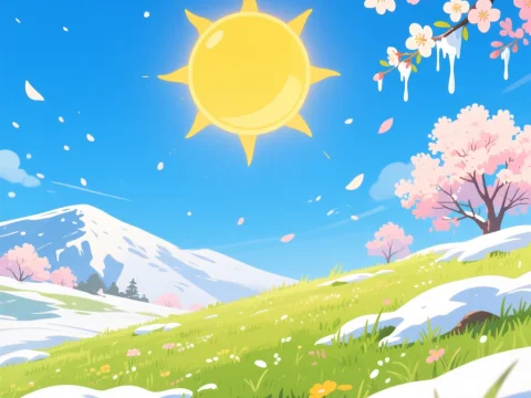 Bright Spring Day with Cherry Blossoms and Snowy Hills