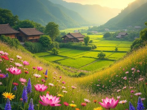 Bright Summer Flowers in a Serene Mountain Valley