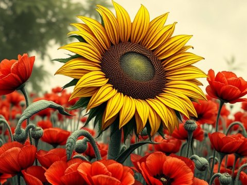 Bright Sunflower Among Vibrant Red Poppies