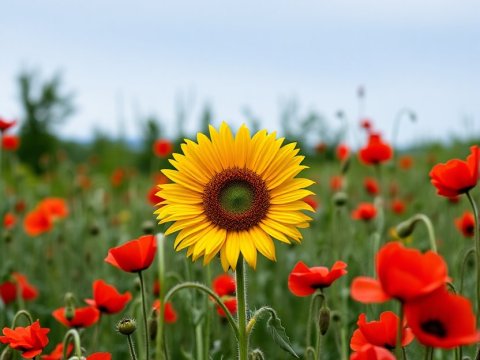Bright Sunflower Standing Tall Among Red Poppies