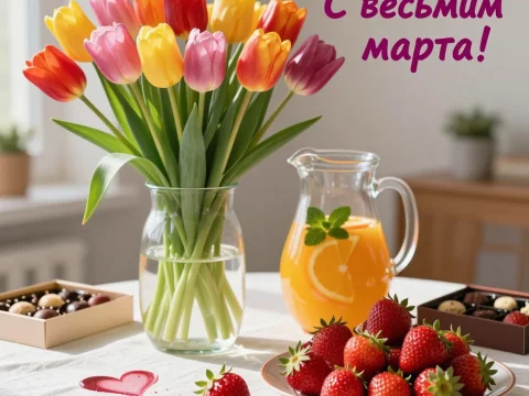 Bright Tulips and Fresh Strawberries for March 8 Celebration