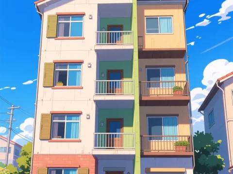 Bright Two-Story Apartment Building in Anime Style