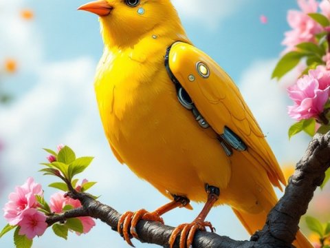 Bright Yellow Robotic Bird Perched on Blossom Branch