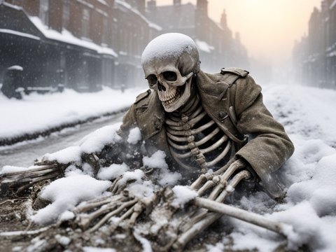 British Soldier Skeleton Emerging from Snowy Street