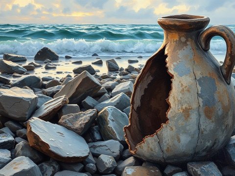 Broken Clay Jug on Rocky Shore at Sunset