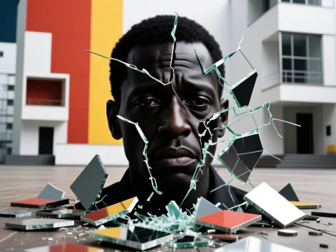 Broken Reflection of a Man's Face in Shattered Glass