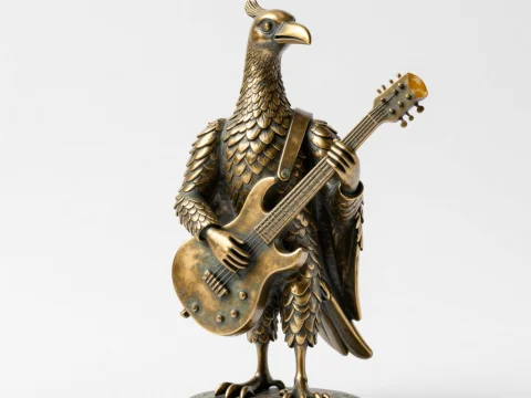 Bronze Bird Statue Playing Electric Guitar