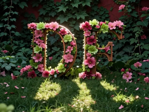 Bronze Letters 'DF' Adorned with Pink and Green Flowers in Garden
