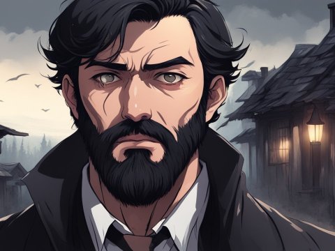 Brooding Bearded Man in Moody Village at Dusk