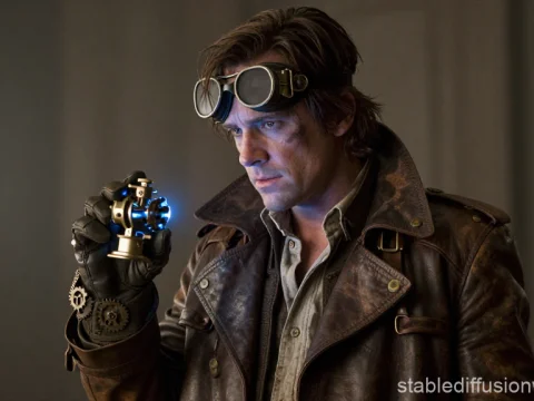 Brooding Inventor Examining Glowing Steam Gadget