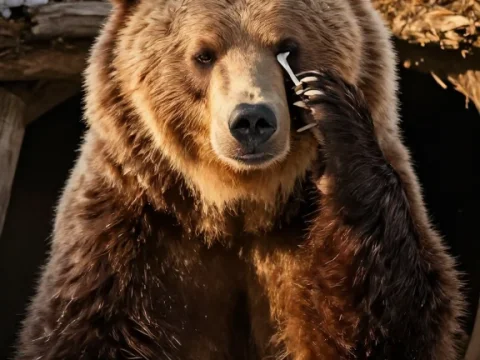 Brown Bear Cleaning Eye in Snowy Spring Setting