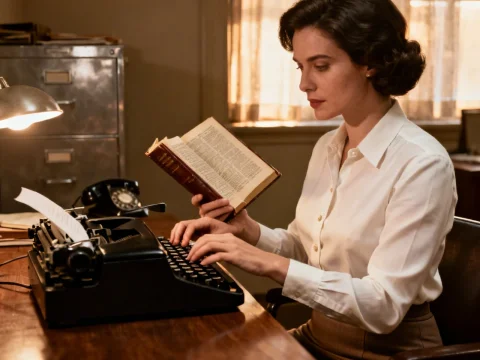 Brunet Secretary Typing with Book Reference in Vintage Office