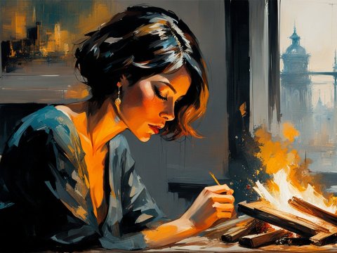 Brunette Woman with Bob Writing by Firelight