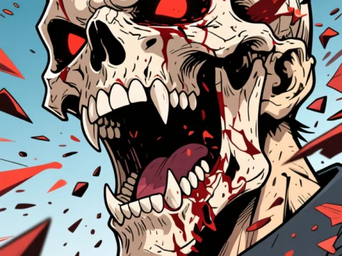 Brutal Manga Skull Head with Red Eyes and Blood Splatter