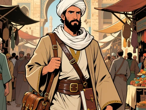Burckhardt as Ibrahim in a Bustling Middle Eastern Market