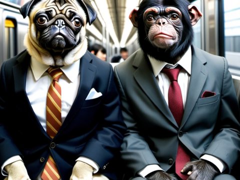Business Animals: Pug and Chimpanzee in Suits on Subway