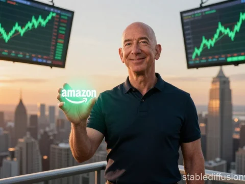 Business Leader Holding Glowing Amazon Logo with Stock Market Charts