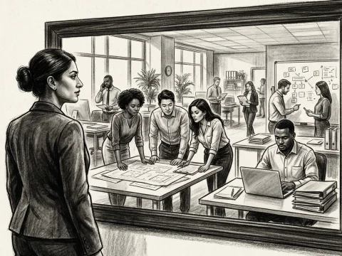 Business Owner Observing Team Collaboration in Office