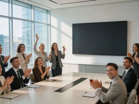 Business Team Celebrating Success in Modern Conference Room