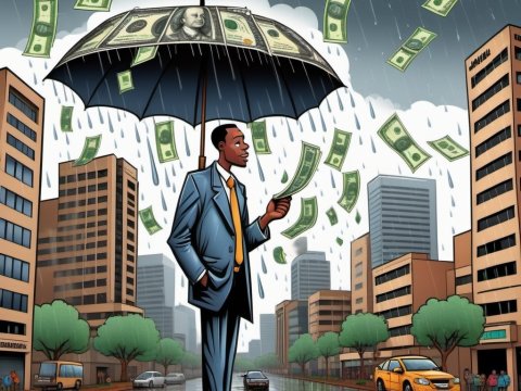 Businessman Holding Umbrella in Money Rain