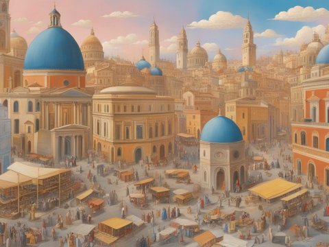 Bustling Ancient City Square with Blue Domed Buildings