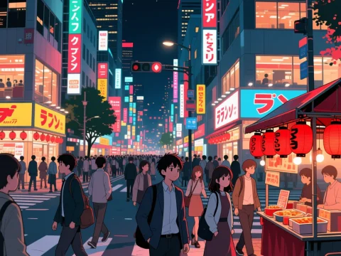 Bustling Anime City Street at Night