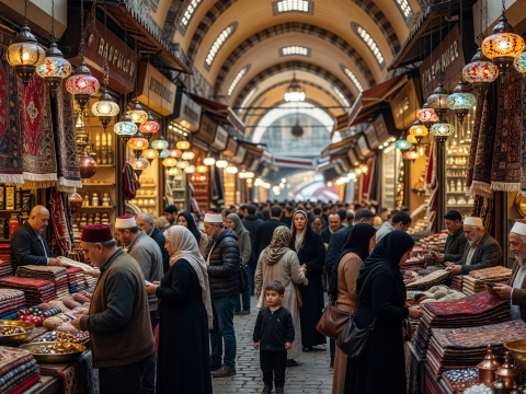 Bustling Grand Bazaar in Istanbul with Colorful Carpets and Lanterns